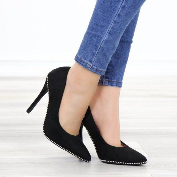 Black vegan Suede High Heel Pumps With Studs - Picture 2 of 12